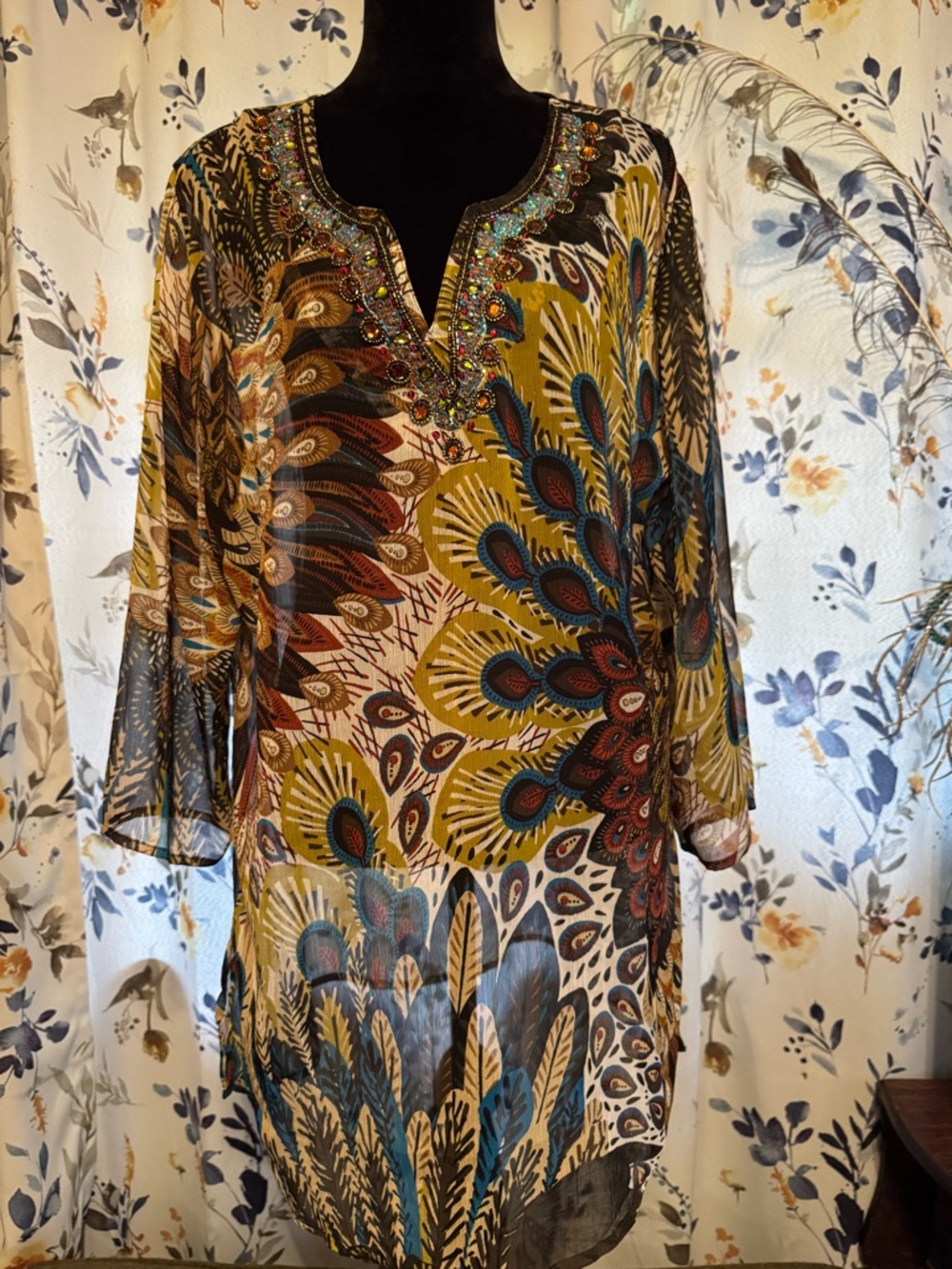 Beaded Jeweled Peasant Tunic Top in Mustard & Teal Size XL
